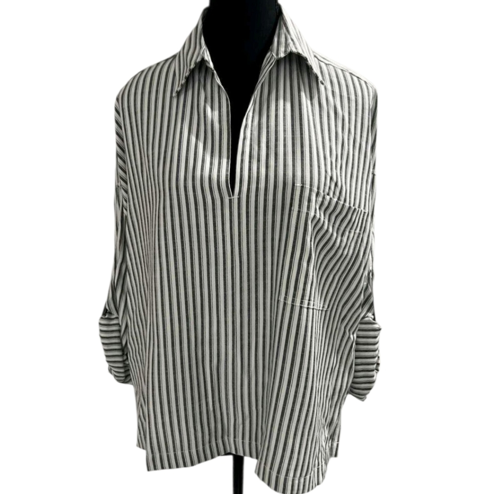 Max Studio White and Black Striped Blouse/ Tunic